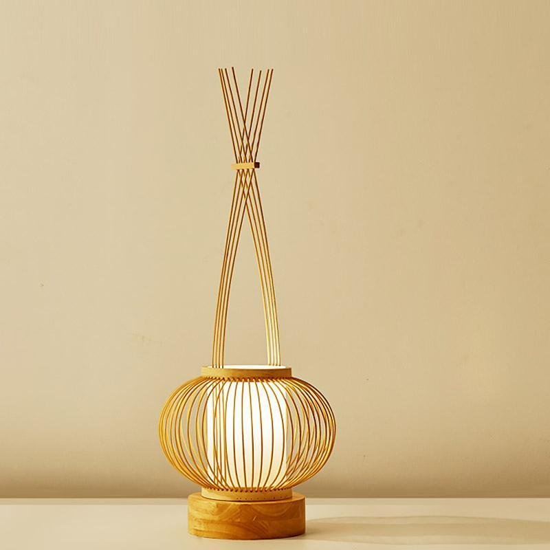 Rustic Woven Bamboo Table Lamp with Cylinder LED Light &amp; USB Port
