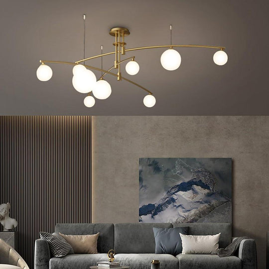 Curved Line Design 9-Light Glass LED Gold Modern Chandelier Ceiling Light