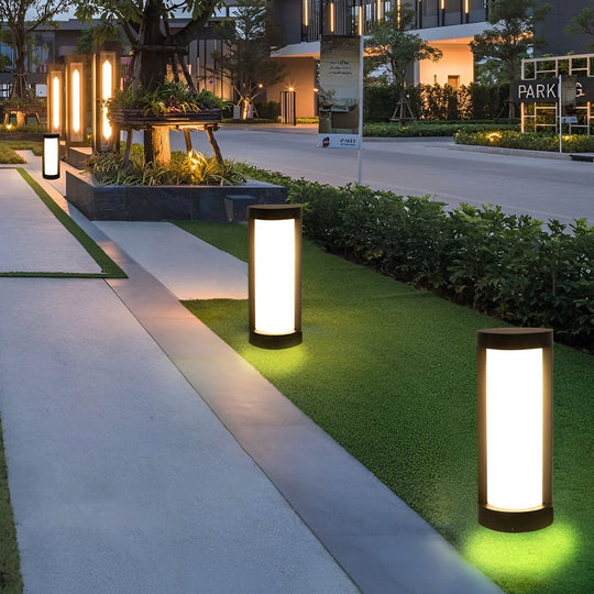 Black Cylindrical LED Pathway Bollard Lights Solar &amp; Wired Outdoor