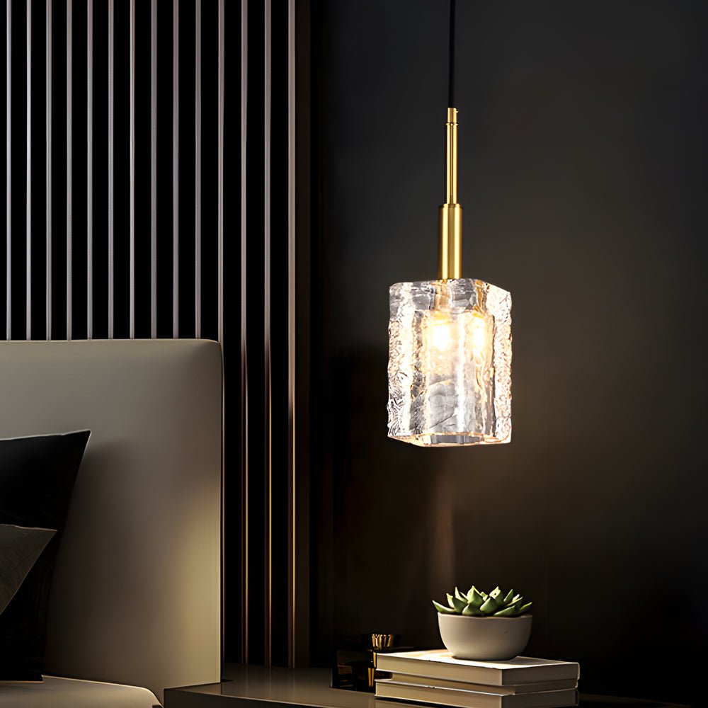 Crystal Cube Brass Pendant Light – 1-Light Modern Copper Rod Fixture