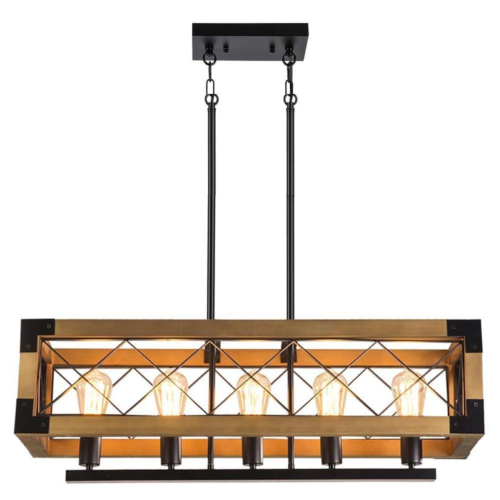 Rustic Industrial Linear Wood &amp; Metal Chandelier