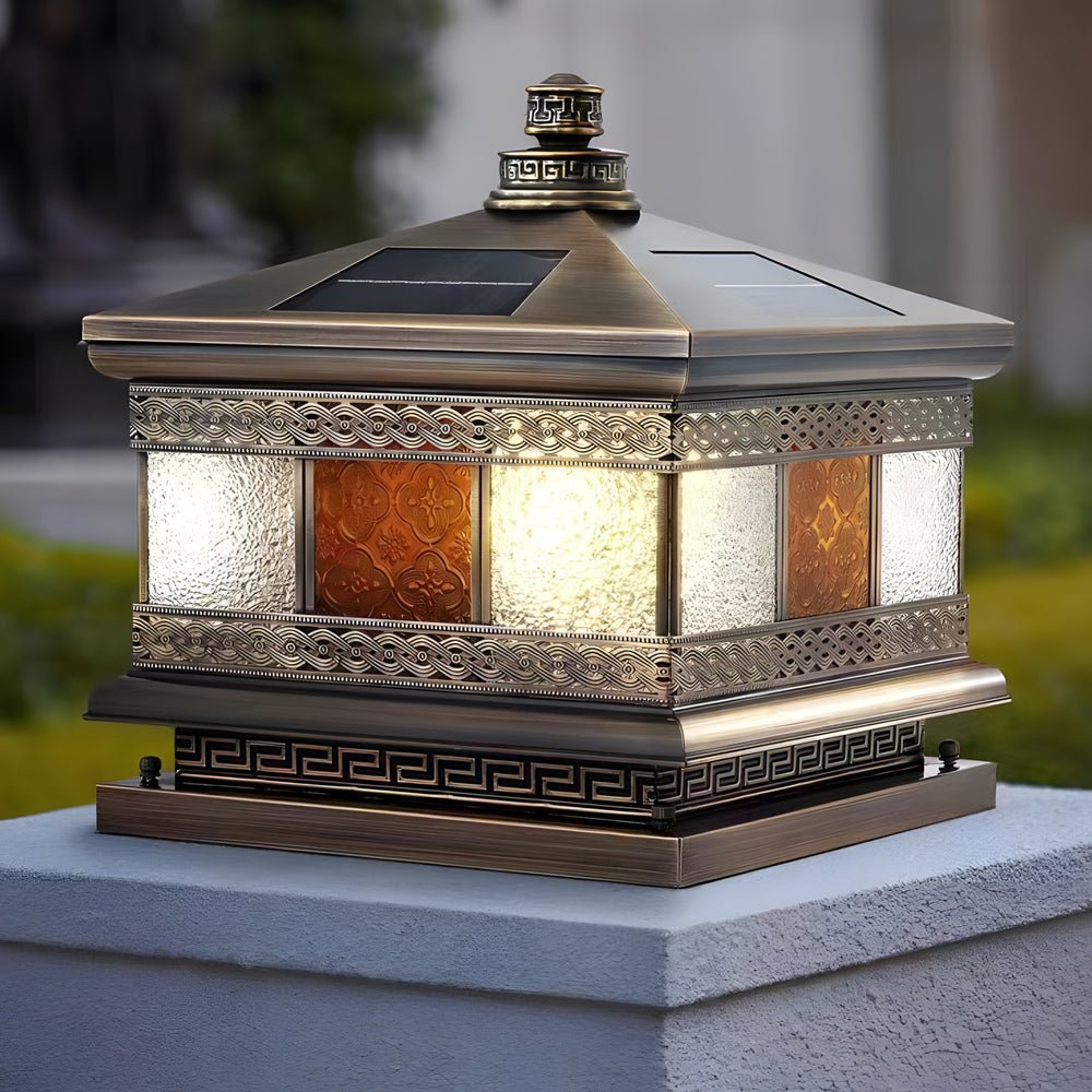 European Square Hardwired/Solar Copper Outdoor Column Light with Glass Shade Bronze