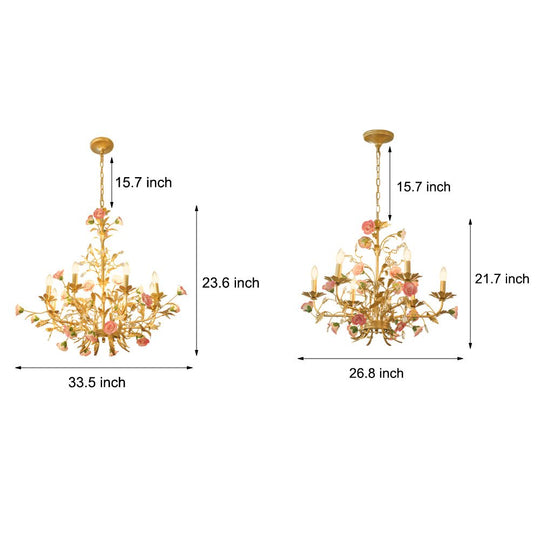 French Luxury Ceramic Pink Roses Chandelier – 6/8-Light Candlelight Elegance