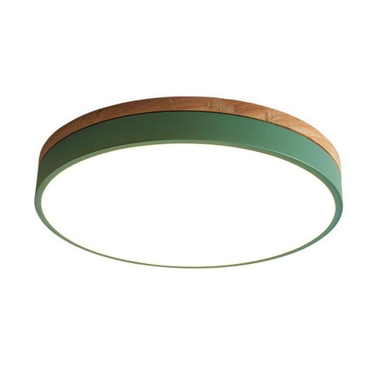 Circular Drum Flush Mount LED Ceiling Light with Metal and Wood Accents