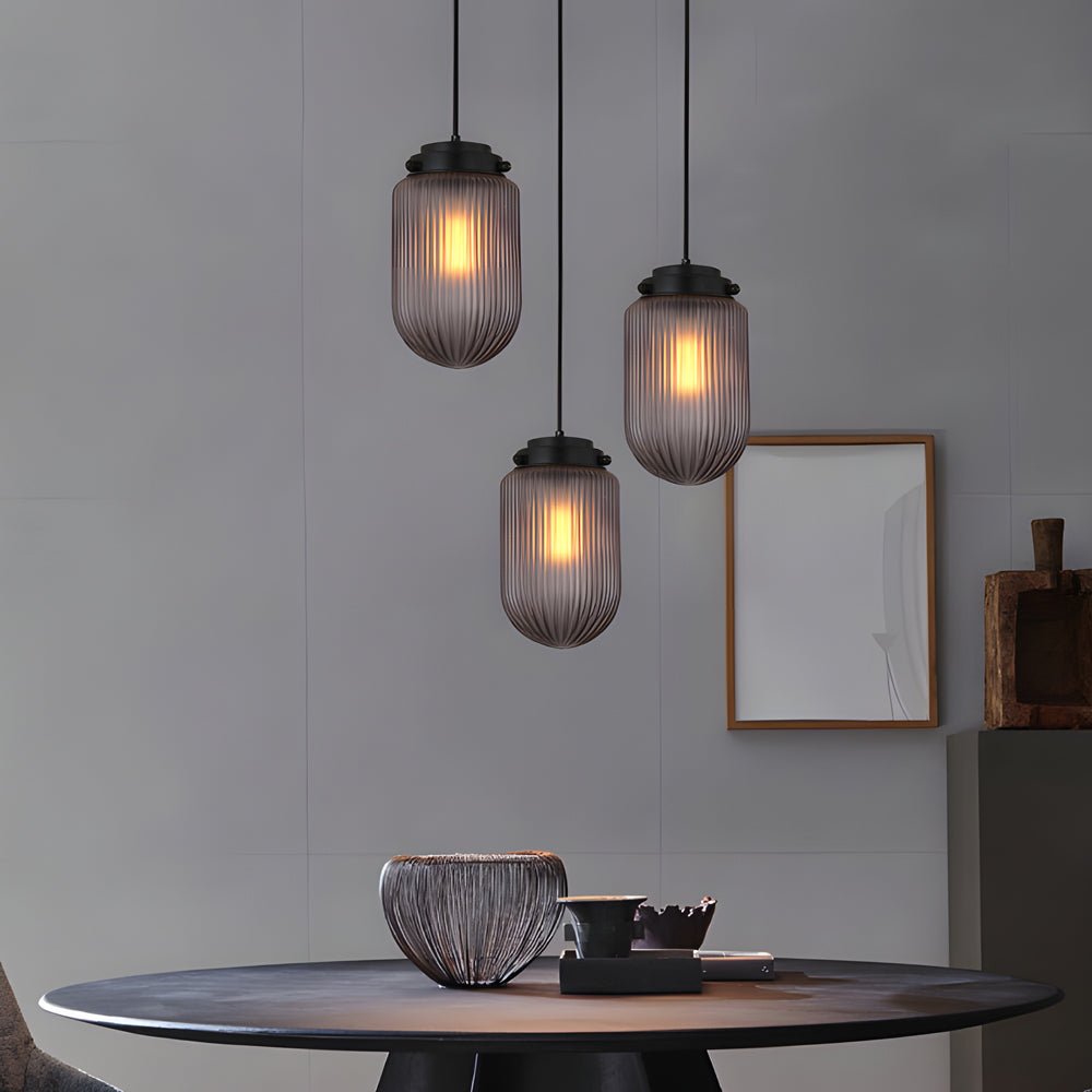 Modern Pinecone Shape Ribbed Glass Pendant Light – Smoke Gray