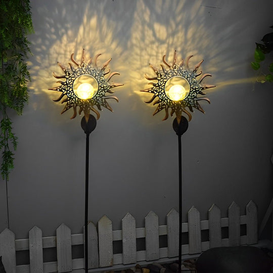 Mystical Moon &amp; Sun Flame Iron Hollow Projector Solar Garden Light