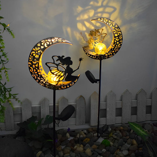 Mystical Moon &amp; Sun Flame Iron Hollow Projector Solar Garden Light