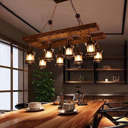 8 Light Vintage Rustic Wooden Chandelier Lantern LED Farmhouse Hanging Lamp