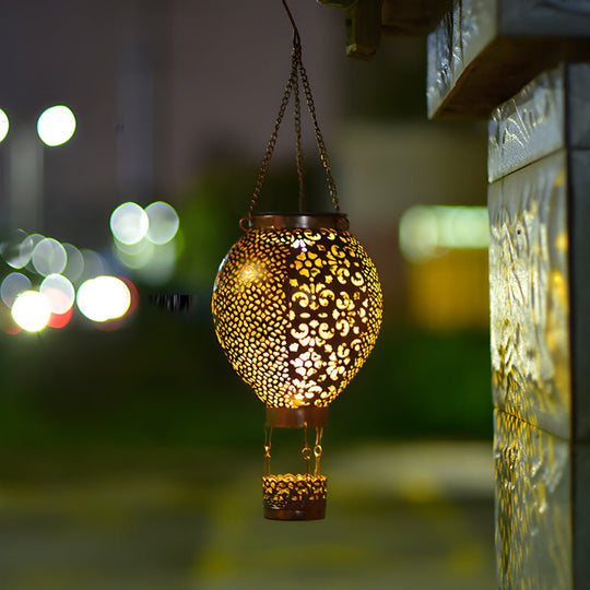 Portable Cast Iron Hot Air Balloon Solar Lanterns Hanging Solar Light Hollow Outdoor Decor Garden Light