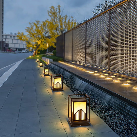 Elegant Square Outdoor Garden Light with Mountain Scene Shade
