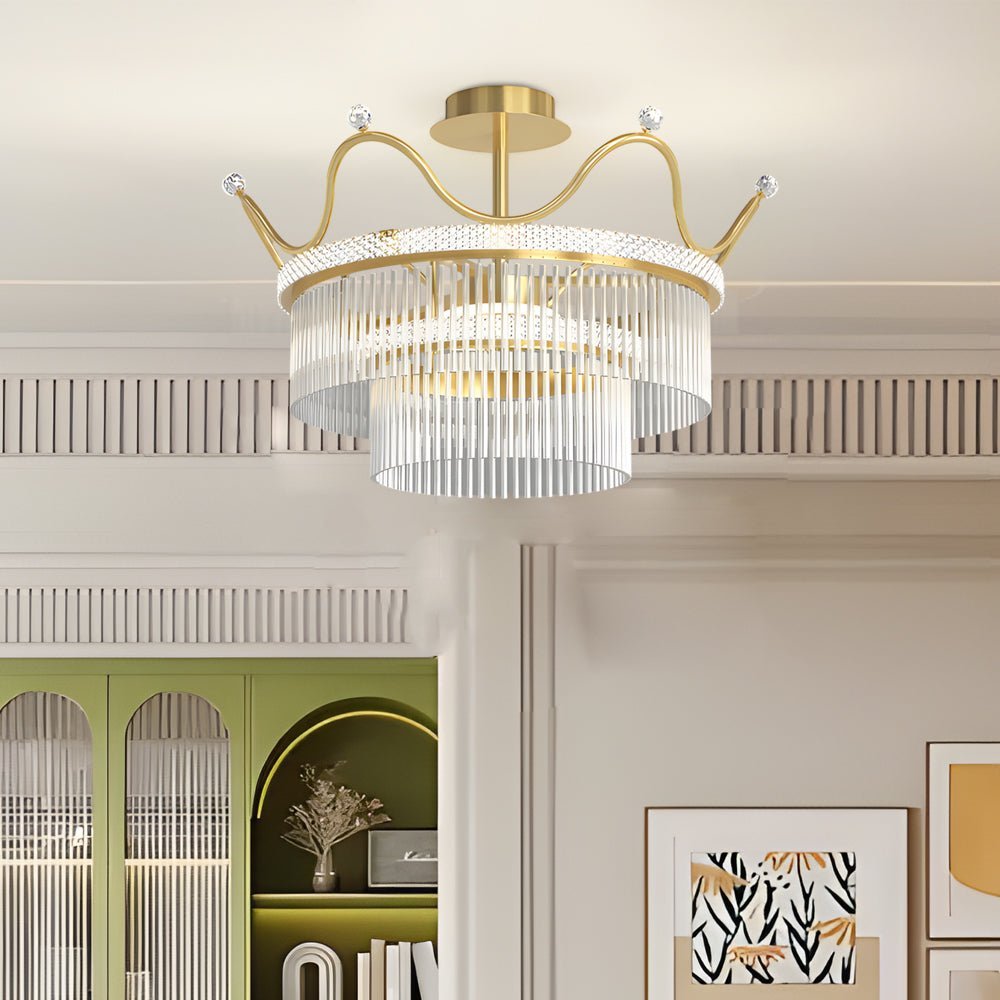 Round Crystal Crown Chandelier with 3-Step Dimming