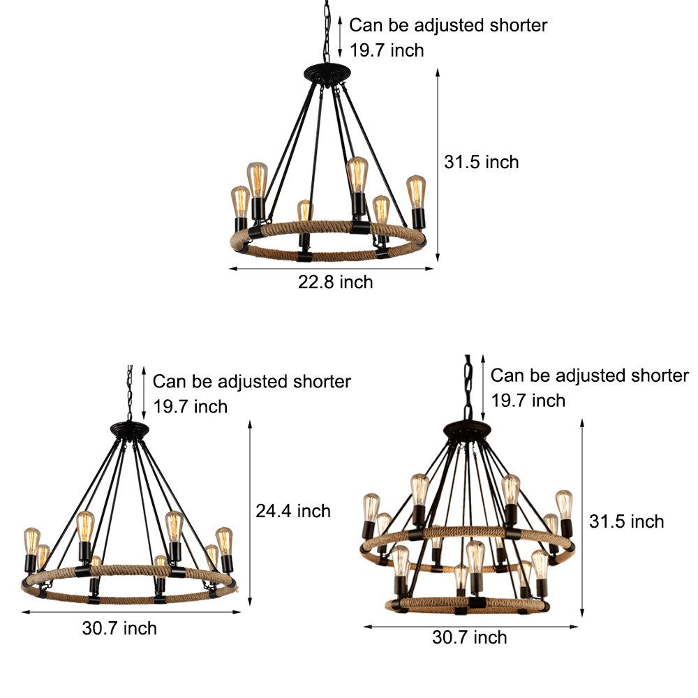 Rustic Industrial Hemp Rope Iron Frame Chandelier