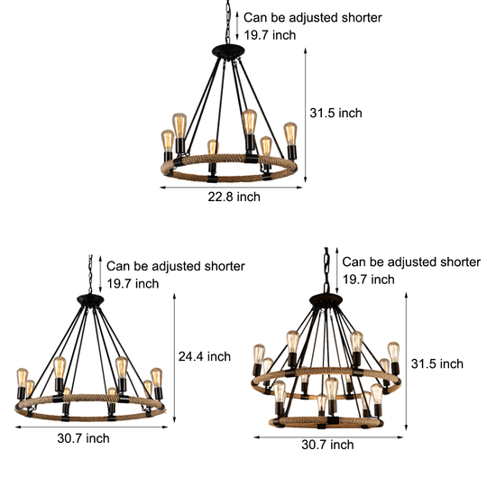 Rustic Industrial Hemp Rope Iron Frame Chandelier