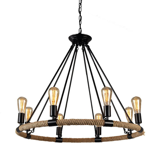 Rustic Industrial Hemp Rope Iron Frame Chandelier