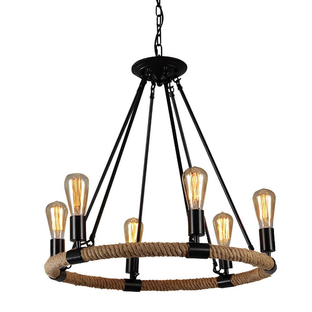 Rustic Industrial Hemp Rope Iron Frame Chandelier