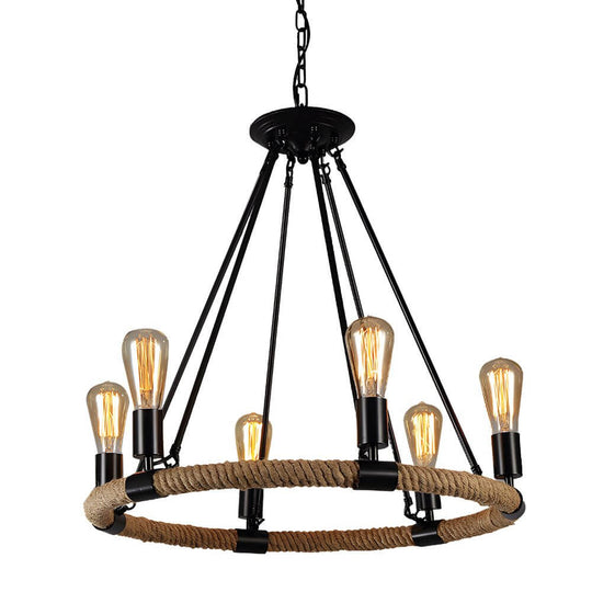 Rustic Industrial Hemp Rope Iron Frame Chandelier