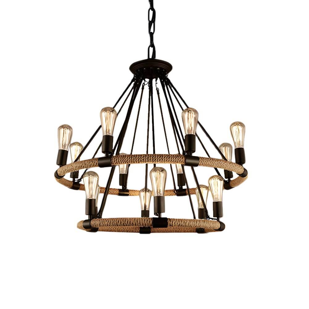 Rustic Industrial Hemp Rope Iron Frame Chandelier