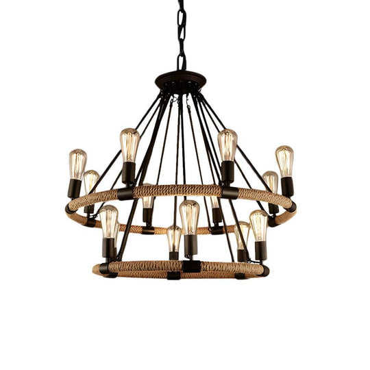 Rustic Industrial Hemp Rope Iron Frame Chandelier