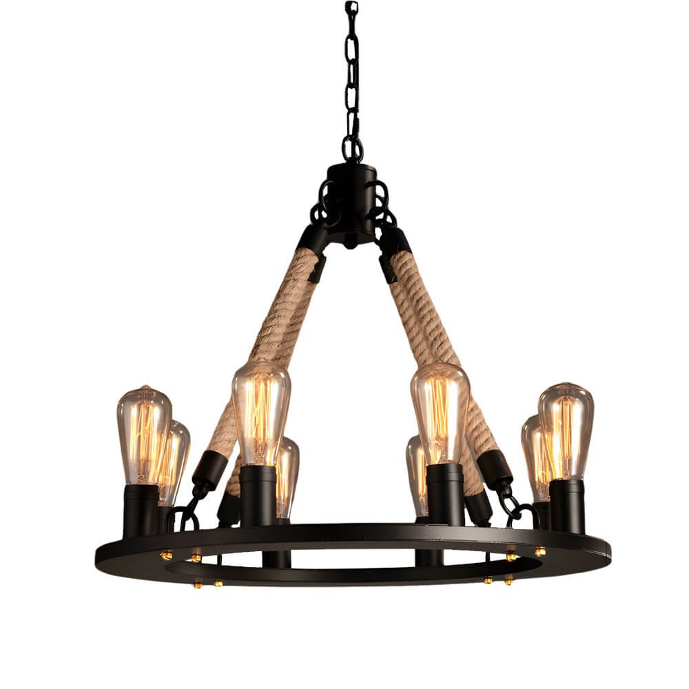 Rustic Industrial Hemp Rope Iron Frame Chandelier