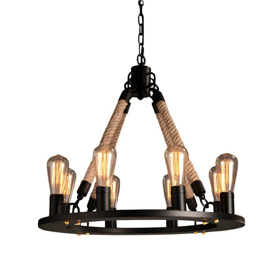 Rustic Industrial Hemp Rope Iron Frame Chandelier