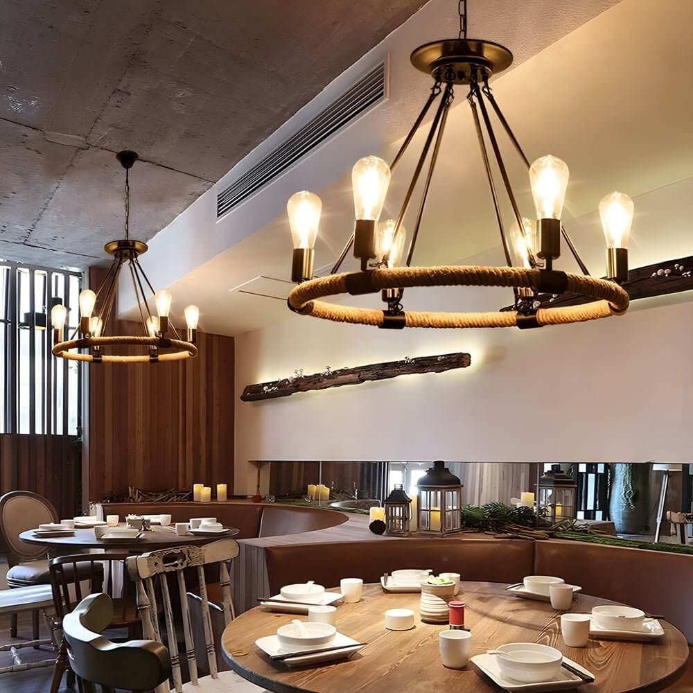 Rustic Industrial Hemp Rope Iron Frame Chandelier