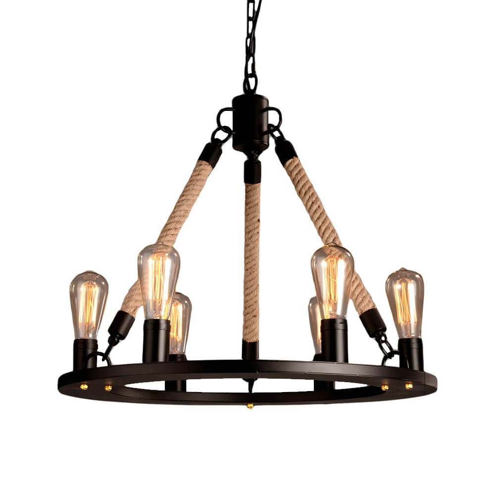 Rustic Industrial Hemp Rope Iron Frame Chandelier