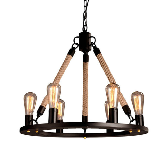 Rustic Industrial Hemp Rope Iron Frame Chandelier