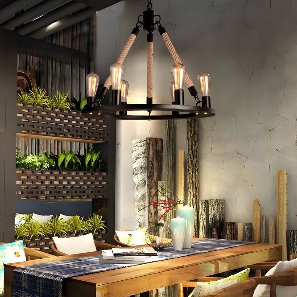 Rustic Industrial Hemp Rope Iron Frame Chandelier