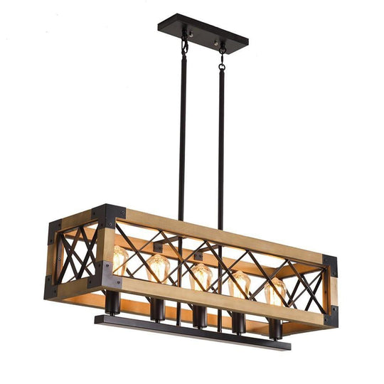 Rustic Industrial Linear Wood &amp; Metal Chandelier