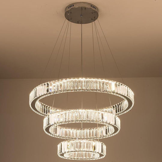 Chrome Crystal 3-Tier Ring LED Pendant Chandelier – Modern Luxury