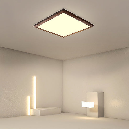 Square Modern Flush Mount Lighting with Brown Frame – Dimmable LED Ceiling Light with Remote