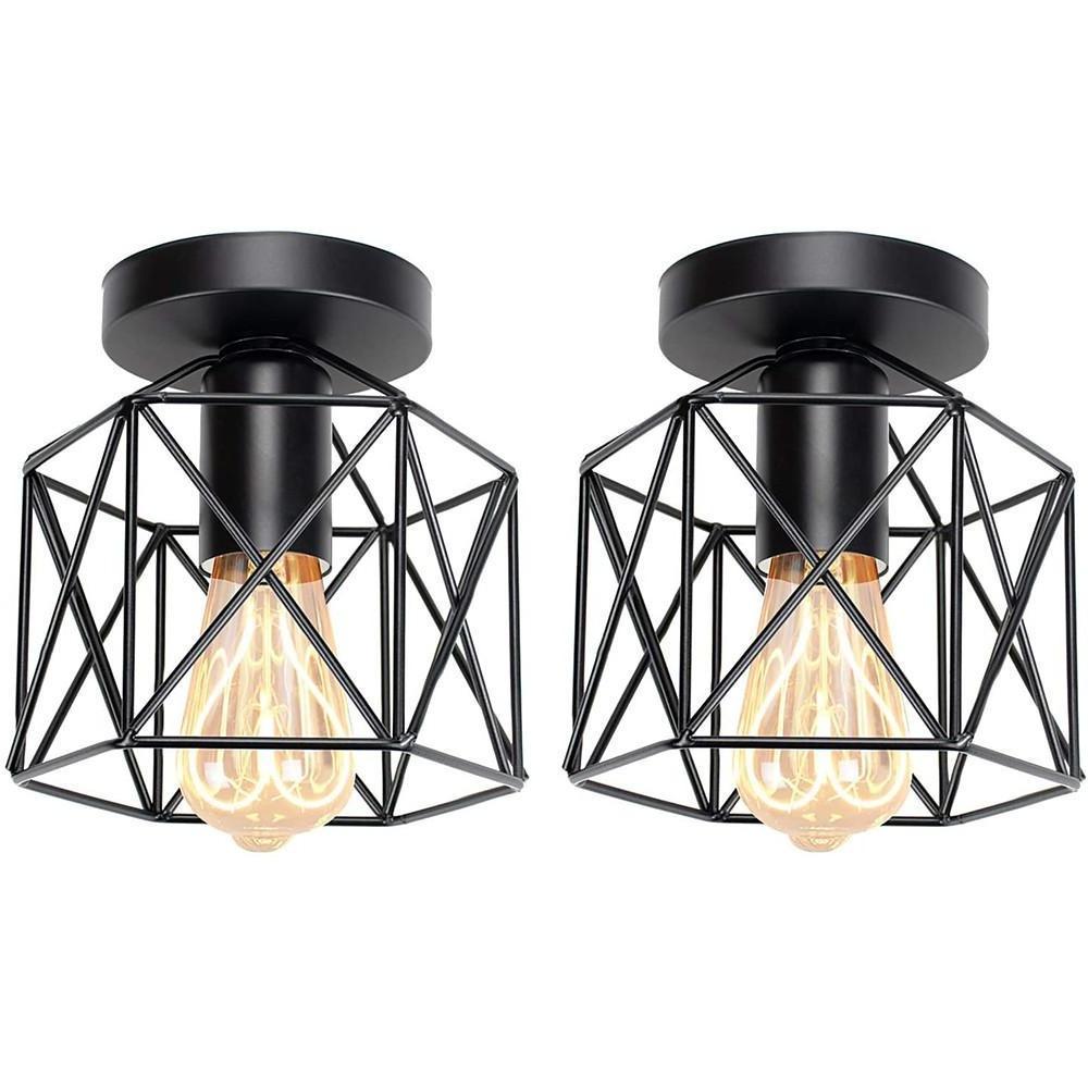 Wire Frame Lantern Outdoor Semi Flush Mount LED Ceiling Light