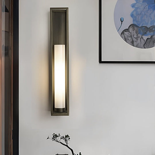 Vintage Geometric Wall Sconce – Metal &amp; White Jade Glass
