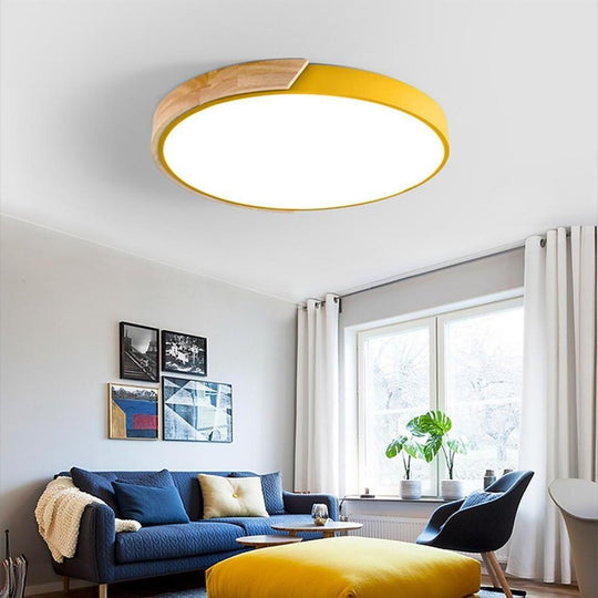 Circular Modern LED Metal Wood Flush Mount Ceiling Light – Living Room