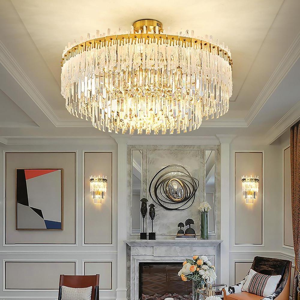 Nordic Style Round Gold Crystal LED Chandelier – 16" Adjustable Cord